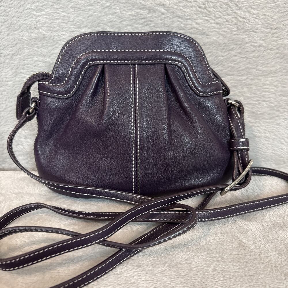 Levenger Carezza On-the-Town Eggplant Leather Pouch Cross Body Micro Bag Zip